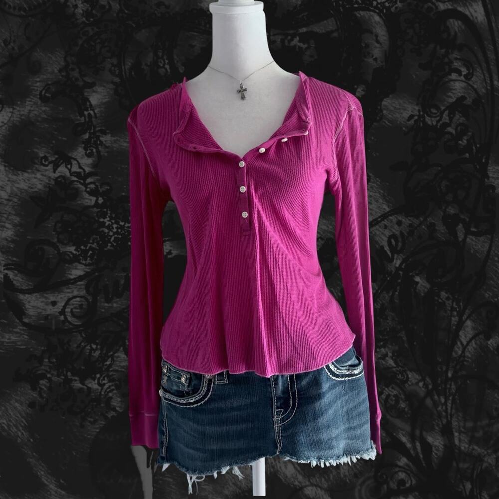 muted hot crimson pink ribbed henley waffle coquette fairy minimalist top